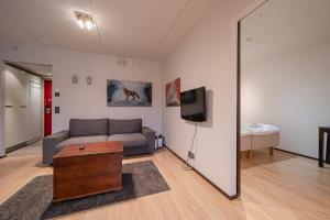 a living room with a couch and a tv and a mirror at City Centre Apartment Levi in Sirkka