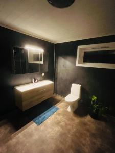 a bathroom with a white toilet and a sink at Penthouse in Farsund in Farsund