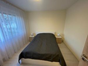 a bedroom with a bed and a large window at Kodó Apartman in Székesfehérvár +1 photo