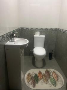 a bathroom with a sink and a toilet with leaves painted on the floor at Marikuna in Gori