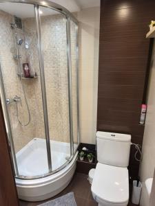 a bathroom with a shower and a toilet and a tub at City View Studio Chmielna in Warsaw +16 photos