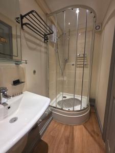 a bathroom with a shower next to a sink and a shower at Mount Lavinia in Sheringham