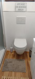 a bathroom with a white toilet and a rug at BALTHAZAR APARTMENT IPHOFEN, klimatisiert, nähe MARKTPLATZ, KNAUF GIPS KG und ConneKT Kitzingen, VDP Weingut Wirsching, TV mirroring 55" Zoll, Wifi, mit kleiner Terrassen in Iphofen +18 photos