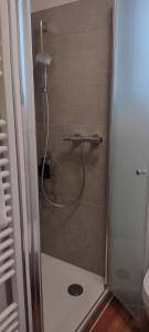 a shower in a bathroom with a glass door at BALTHAZAR APARTMENT IPHOFEN, klimatisiert, nähe MARKTPLATZ, KNAUF GIPS KG und ConneKT Kitzingen, VDP Weingut Wirsching, TV mirroring 55" Zoll, Wifi, mit kleiner Terrassen in Iphofen