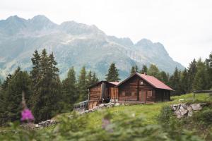 a wooden cabin on a hill with mountains in the background at MYALPS Pure in Oetz +20 photos