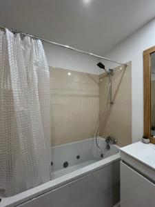 a bathroom with a shower and a tub and a sink at Alojamento Local Pando in Aveleda +11 photos