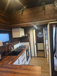 a kitchen with a sink and a stove top oven at La Perle des Sentiers in Rhisnes