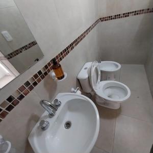a white bathroom with a toilet and a sink at La Ñata Apart in Junín +8 photos