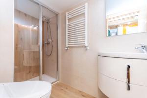 a bathroom with a shower and a toilet and a sink at The Little Cottage in Alleghe +21 photos