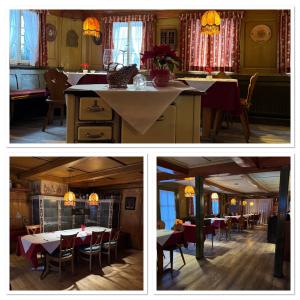 two pictures of a kitchen and a dining room with tables at Hotel Maien in Todtmoos