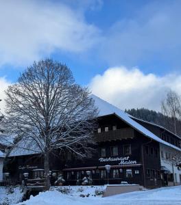 a building with a tree in the snow at Hotel Maien in Todtmoos