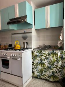 a kitchen with a white stove and blue cabinets at L’Albero Colorato in Candelo