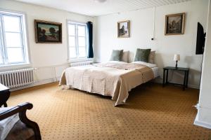 a bedroom with a bed and two windows at Hotel Ribe in Ribe