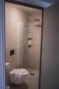 a bathroom with a shower and a toilet at Västerhöjdsgården in Skövde +33 photos