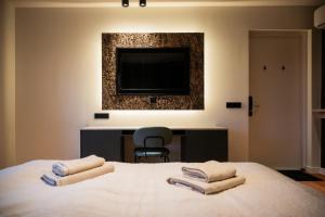 a bedroom with a bed with a tv and a chair at Hotel Biedeboom in 's-Heer-Hendrikskinderen