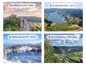 four different pictures of a mountain and a lake at Villa du Val d'Usiers in Bians-les-Usiers