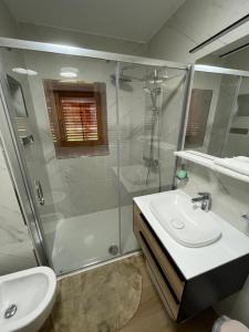 a bathroom with a shower and a toilet and a sink at Kuća za odmor Goranski mir in Mrkopalj +11 photos