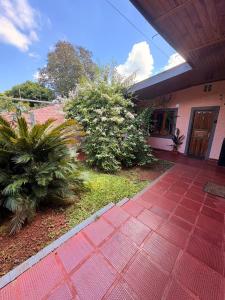 a brick walkway in front of a building with plants at Posada KUARAHY in Puerto Iguazú