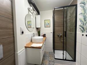 a bathroom with a sink and a shower at SKY Apartment 1 in Oświęcim