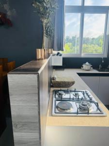 a kitchen with a stove and a counter top at Naadee villa in Ekala