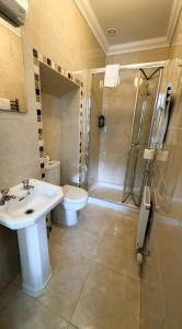 a bathroom with a sink and a shower and a toilet at Westport Rooms in Westport