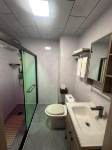 a bathroom with a toilet and a sink and a mirror at Mandala Hotel Erdenet in Erdenet