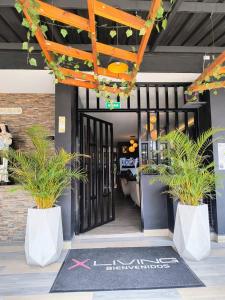 a lobby with two potted plants on a rug at Xliving Host and Rooms in Bogotá