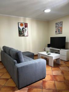 a living room with a couch and a tv at Machico Village Apartment - Private terrace & car park in Machico