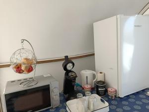 a kitchen with a microwave and a counter top with aether at Les Bulles du Coq de Champagne in Dormans