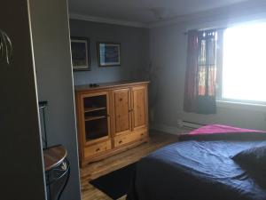 a bedroom with a bed and a wooden cabinet at Downtown Apt 5 Private Deck Queens Road in St. John's