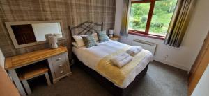 a bedroom with a bed with a mirror and a dresser at Holly Tree Cottage in Glencoe