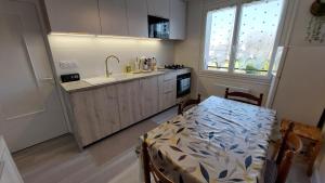 a kitchen with a table and a sink and a counter top at Gîte 6 pers jardin clos proche plage et lac Cantal in Lacapelle-Viescamp