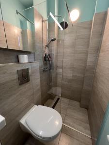 a bathroom with a toilet and a glass shower at Moon Stylish -FREE parking -Romantic City Stay in Timişoara +10 photos