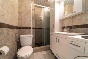 a bathroom with a toilet and a sink and a shower at Olive View apartment in Rafailovici +4 photos