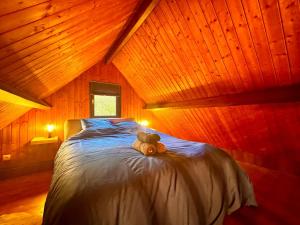 a bedroom with a bed with a teddy bear on it at La Campagnarde, Maison de campagne proche Bapaume in Flers +7 photos