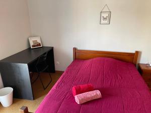 a bedroom with a bed with a pink blanket and a desk at Casa Verde in Braga
