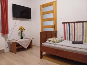 a bedroom with a bed and a tv and a table at Sprencz Családi Major in Sátoraljaújhely