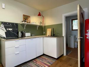 a kitchen with white cabinets and green walls at Studio Auenland in Kottingbrunn