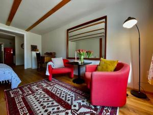 a living room with two chairs and a table and a mirror at Studio Auenland in Kottingbrunn