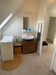 a bathroom with a sink and a mirror and a sink at Centre Treguier L escapade des quais in Tréguier +13 photos