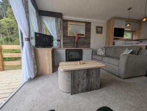 a living room with a couch and a fireplace at Swift Bordaux 68 in Ardentinny