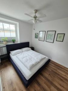 a bedroom with a bed and a ceiling fan at 2-Zimmer Wohnung 1 - Apartments am Schloss in Oberschleißheim