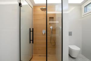 a glass shower door in a bathroom with a toilet at Kiki's Apartments in Barbati +71 photos