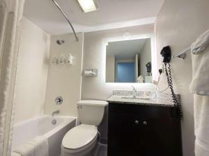 a bathroom with a toilet and a sink and a mirror at Ramada by Wyndham Vineland Millville Area in Vineland