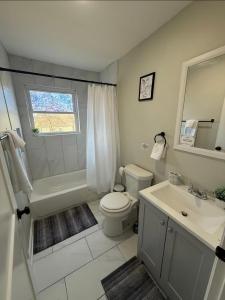 a bathroom with a white toilet and a sink at Uptown Modern Escape 4bd 2ba in Memphis +11 photos