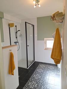 a bathroom with a shower and a black tile floor at Kade10Buren in Buren