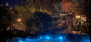 a hot tub in a garden at night at 16th Century Manor House in Richborough