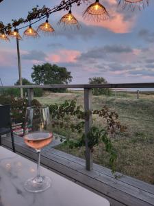 a glass of wine on a table with a view of the ocean at Sur le bassin d'Arcachon in Lanton