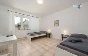 a white room with two beds and a window at BEGE APARTMENTS ProStay in Lüdenscheid