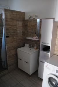 a small bathroom with a sink and a washing machine at DIÓ Vendégház in Balatonfenyves +34 photos